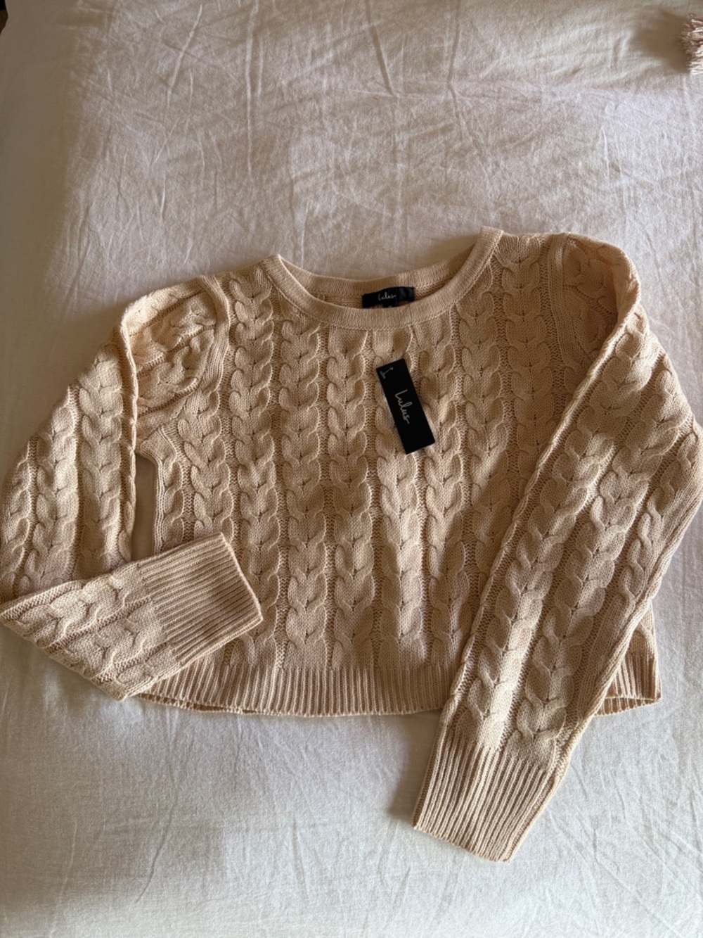 Lulu's Beige Cable-Knit Cropped Crew Sweater